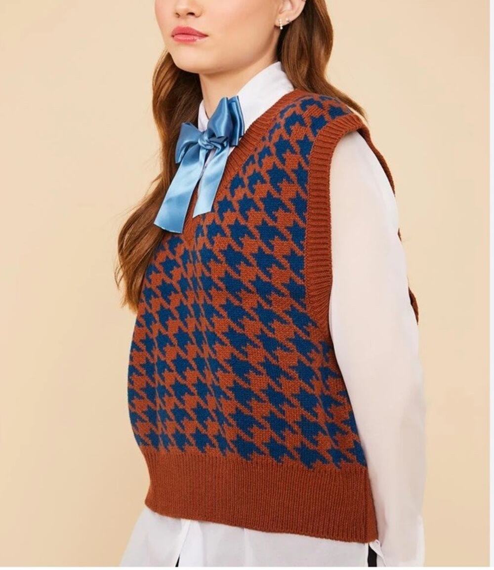 Neoity Sweater Vest Houndstooth One Size Brown Blue Eclectic Grandpa